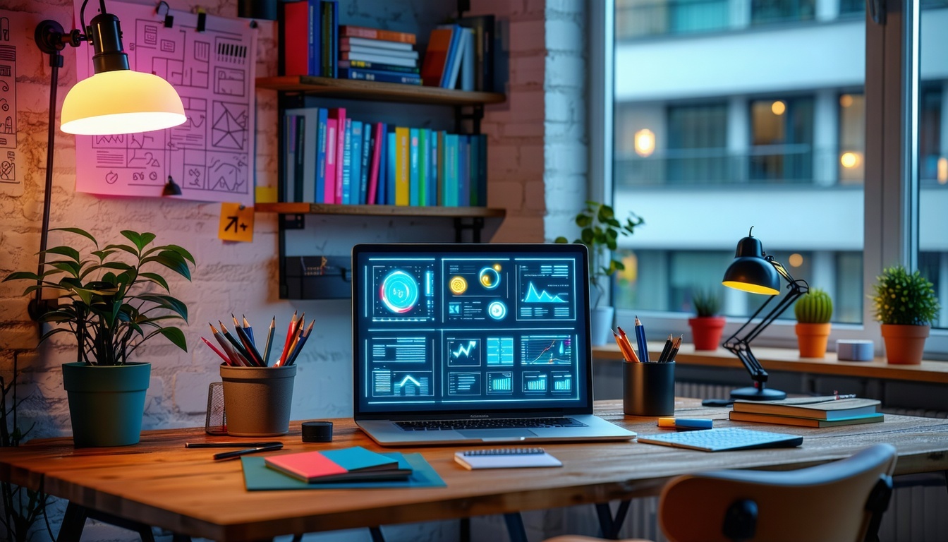 The image features a sleek modern workspace with a large bright window allowing natural light to flood the room In the foreground a polished wooden desk is neatly organized displaying a laptop with an open learning management system LMS interface on-2