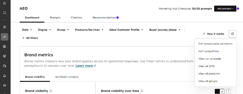 HubSpot AEO Settings Panel