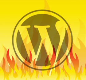 WordPress logo with fire behind it
