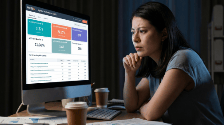 Marketer reviewing HubSpot AEO tool dashboard 