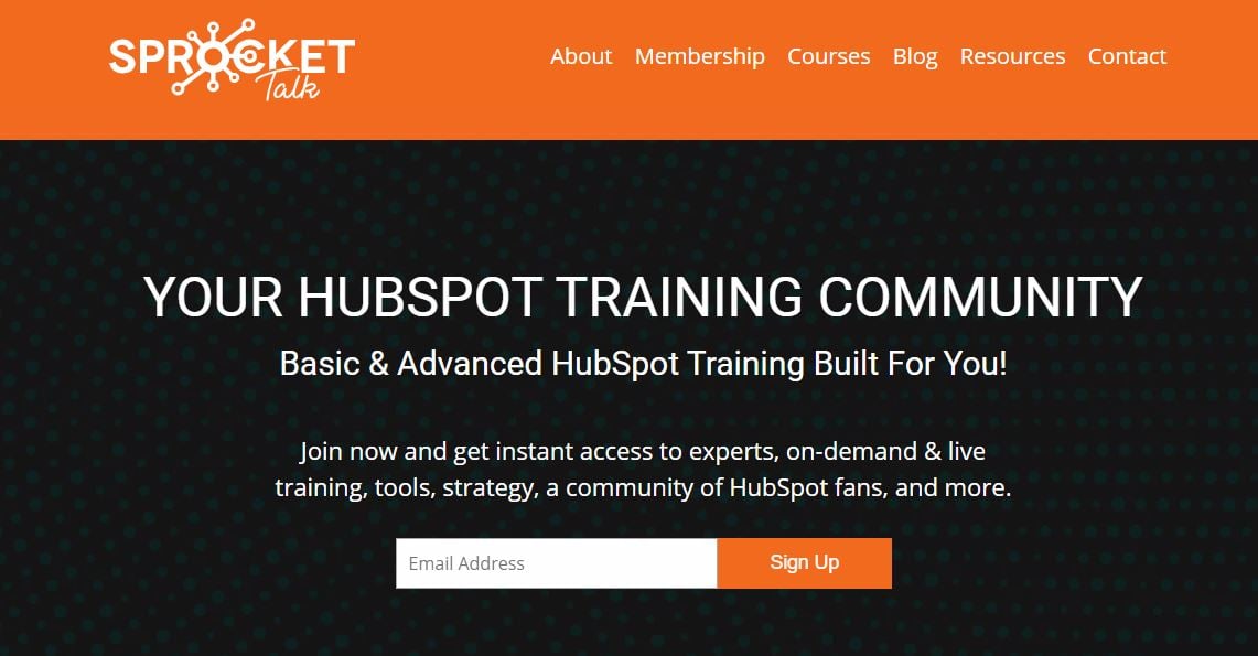 Sprocket Talk homepage for a HubSpot training resource option