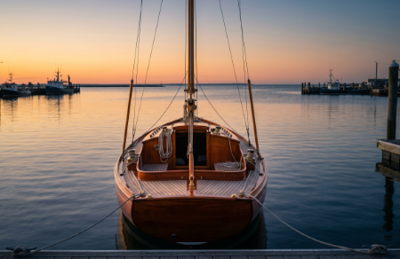 A Wayfinder's sailboat docked at dawn, facing the open horizon.
